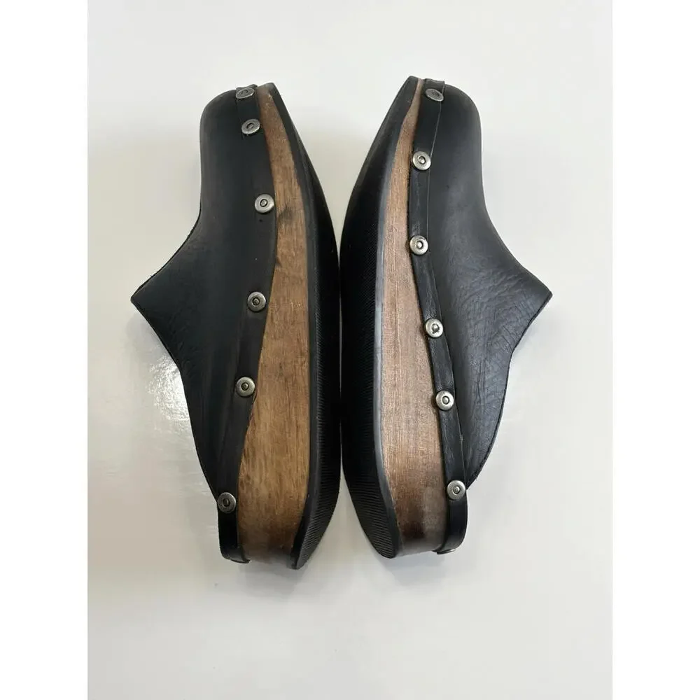 Rare Canyon River Blues Gordon Womens 7M Black Leather Wooden Sole Comfort Clogs - Picture 7 of 16